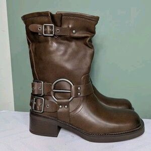 Women Mid Calf Boots PU Square Toe Motorcycle Adjustable Buckles Riding 9